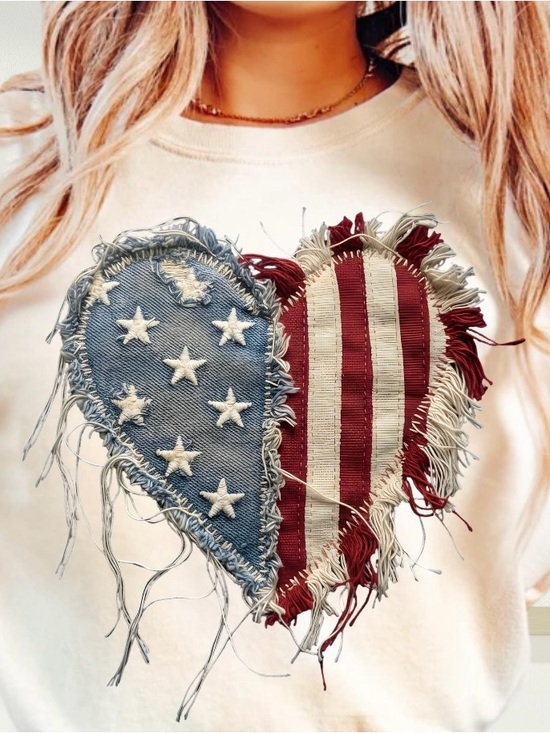 Tops - Frayed American Flag Heart Transfer  - Red, White & Blue